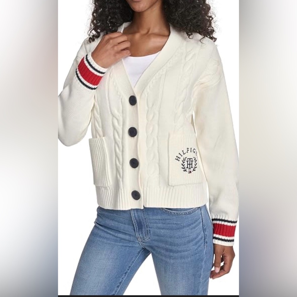 Tommy Hilfiger Cream Cable-Knit V-Neck Cardigan with Striped Cuffs